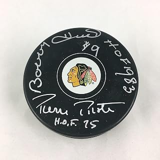 Bobby Hull and Pierre Pilote Chicago Blackhawks Signed Autographed Hockey Puck - HOF Inscriptions - JSA COA