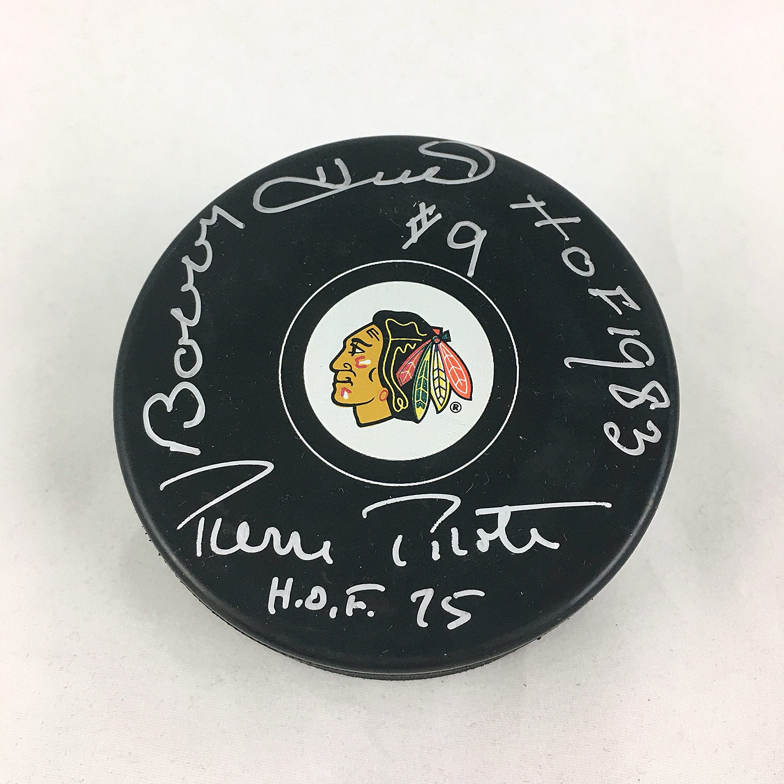 Bobby Hull and Pierre Pilote Chicago Blackhawks Signed Autographed Hockey Puck -