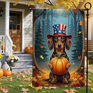 Thanksgiving Garden Flag 12x18 Inches - Double Sided Garden Decoration Small Flag, Dog with Hat, Pumpkins, Autumn Forest Outdoor Autumn Decor