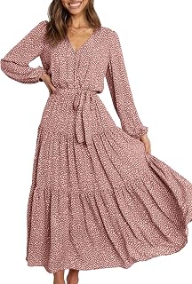 PRETTYGARDEN Women Long Sleeve V Neck Leopard Print Ruffle Tie Waist Maxi Dress Chiffon Bohemian Long Dress