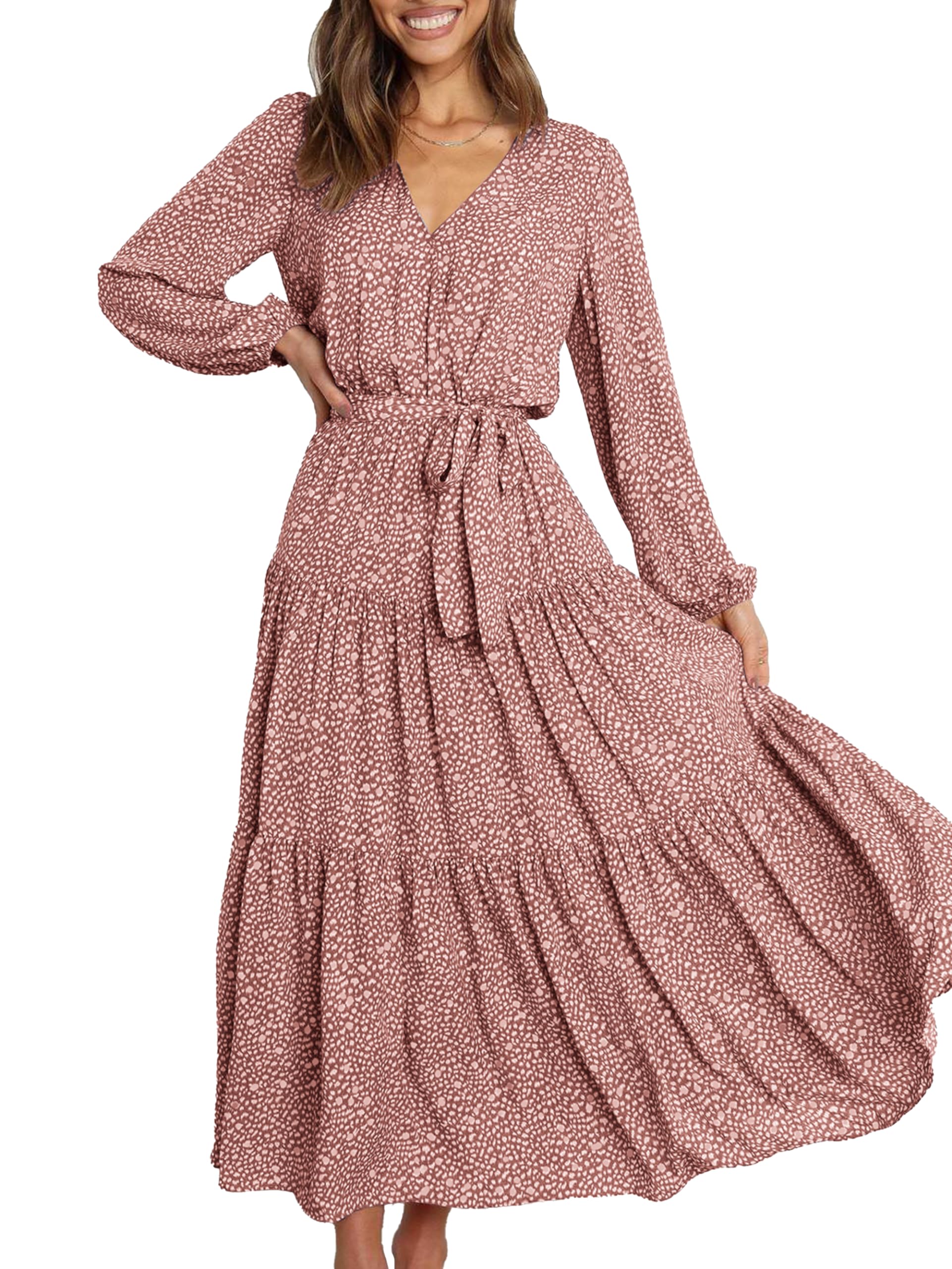 PRETTYGARDEN Women Long Sleeve V Neck Leopard Print Ruffle Tie Waist Maxi Dress 