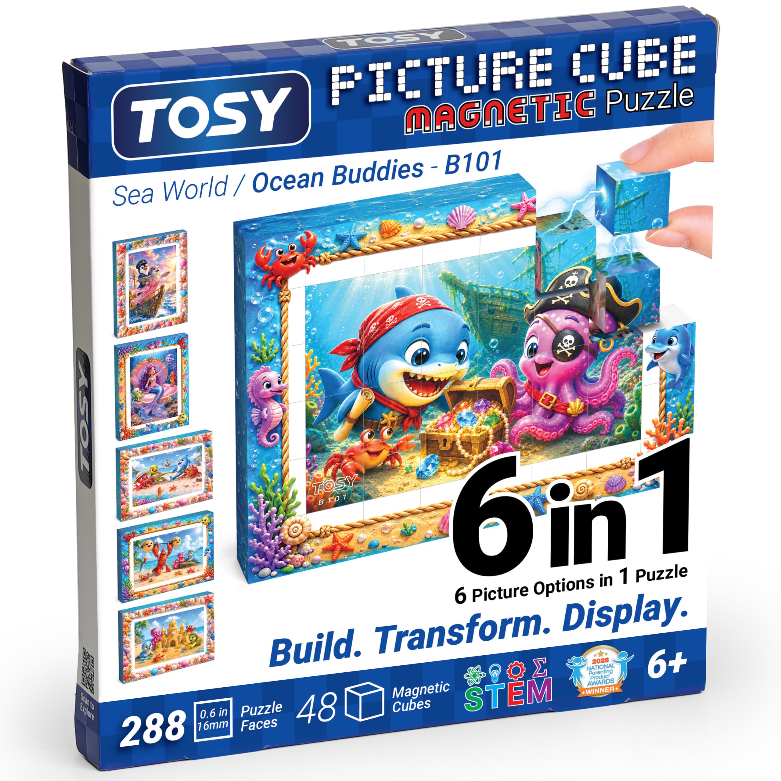 TOSY Picture Cube Ocean Buddies: 6-in-1 Magnetic Picture Puzzle, 48 Blocks, 288 