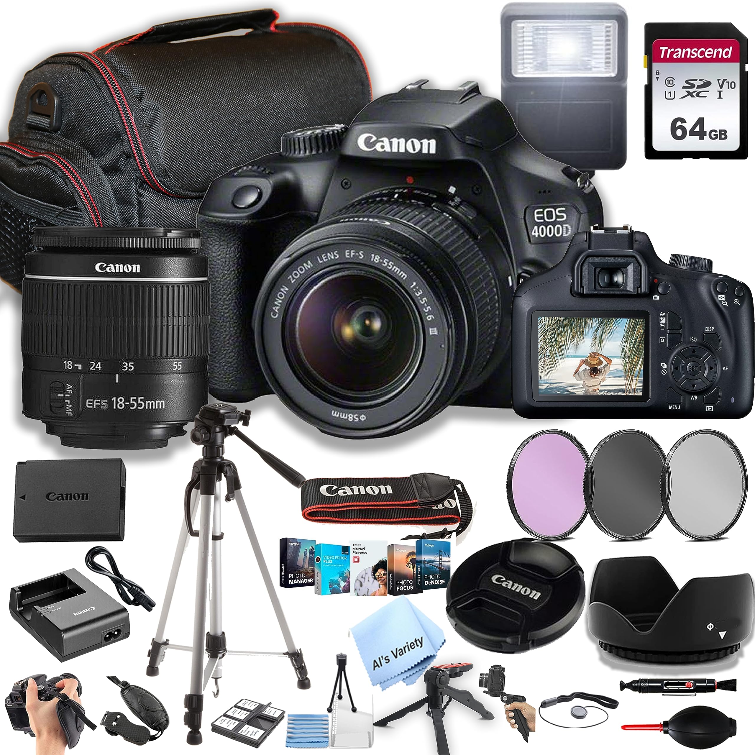 Canon EOS 4000D / Rebel T100 DSLR Camera w/EF-S 18-55mm F/3.5-5.6 Zoom Lens + 64