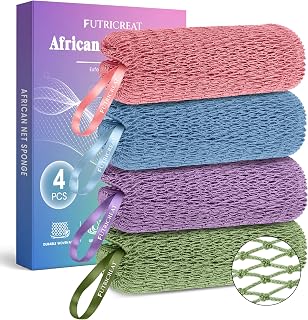 4 Pack Authentic African Net Sponge, Exfoliating Washcloth, Back Scrubber | 45" Stretch, Quick-Dry Mesh &amp; Ribbon Handles, Loofah Alternative for Bath &amp; Travel, Pink, Blue, Purple &amp; Green