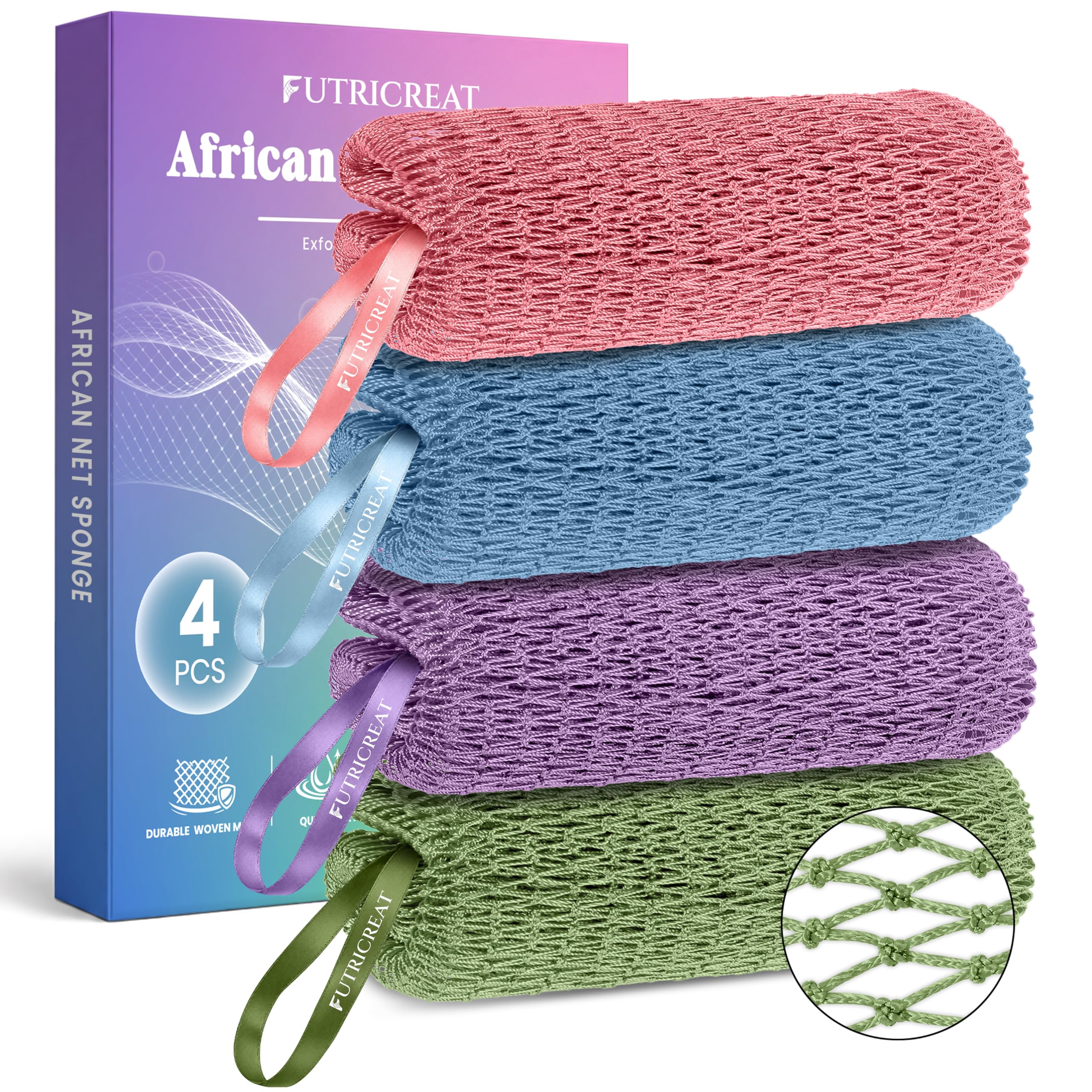 4 Pack Authentic African Net Sponge, Exfoliating Washcloth, Back Scrubber | 45&q