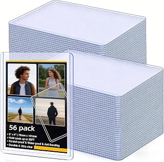 56 pack of top-loading hard plastic sleeves 3"x4" protectors for trading baseball and game cards. Durable sports card holder