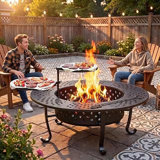 43" Fire Pit, Firepit with Adjustable 2 Grills & Lid & Fire Poker for Patio | Round Fire Pits for Outside Wood Burning, 3 in 1 Outdoor Fire Pit, Firepit Wood Burning for Camping, BBQ, Bonfire, Party