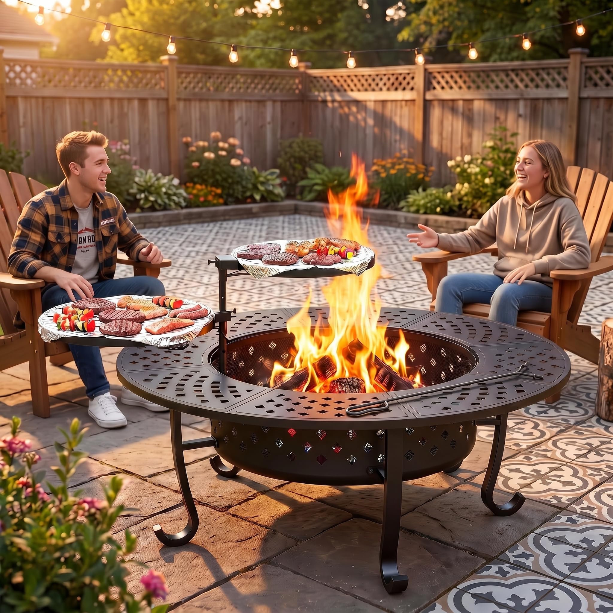 43" Fire Pit, Firepit with Adjustable 2 Grills & Lid & Fire Poker for Patio | Ro