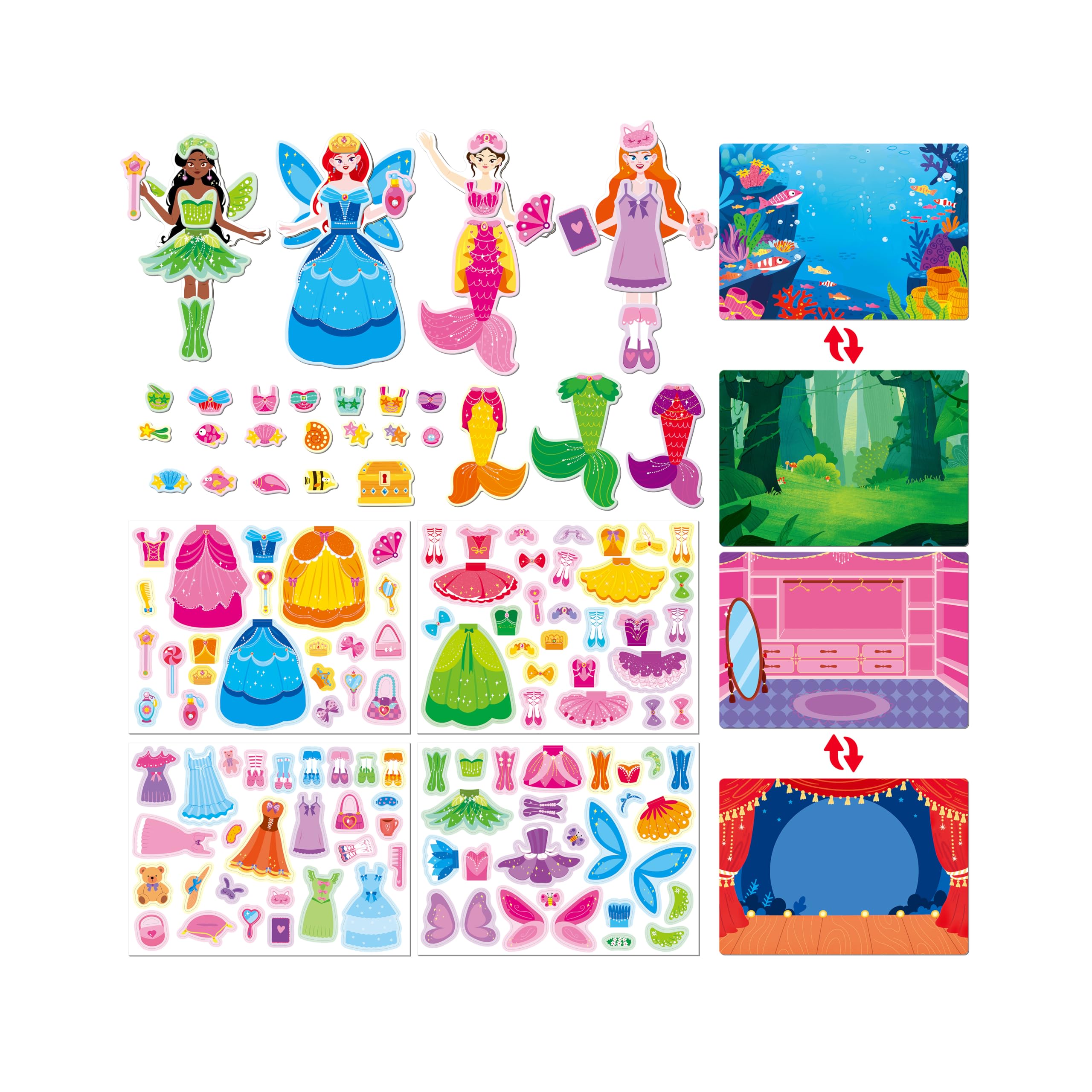 Magnetic Dress-Up Doll Set for Girls, 4 Dolls-Princess, Fairy, Mermaid & Balleri
