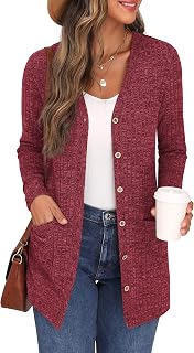 GRECERELLE Women's Long Cardigan Long Sleeve Elegant Comfortable Front Opening Buttons Pockets Sweater Lightweight V-Neck