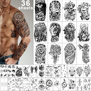 Yazhiji 36 Sheets Temporary Tattoos Stickers, 12 Sheets Fake Body Arm Chest Shoulder Tattoos for Men or Women with 24 PCS Tiny Black Tattoos