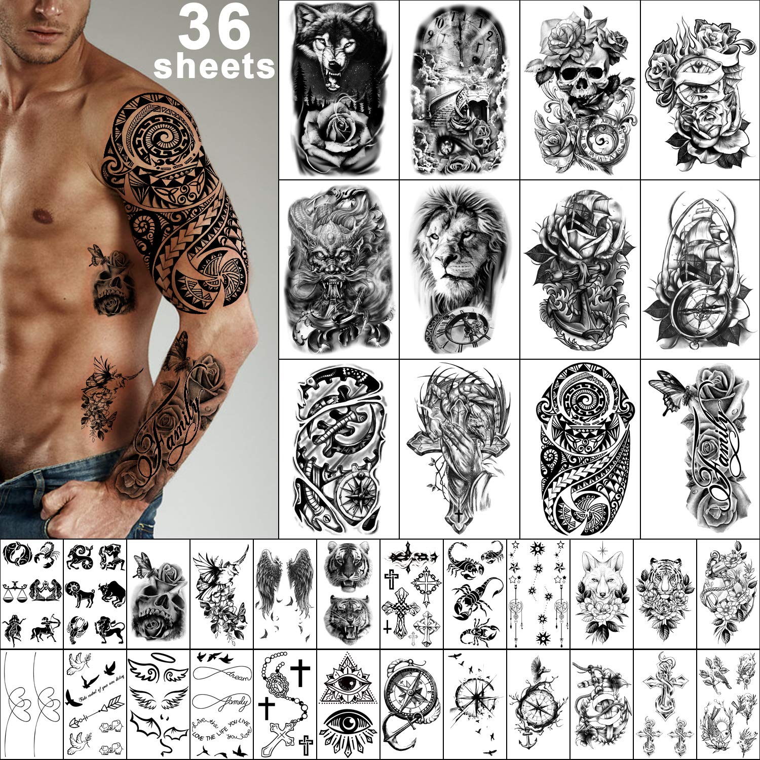 Yazhiji 36 Sheets Temporary Tattoos Stickers, 12 Sheets Fake Body Arm Chest Shou
