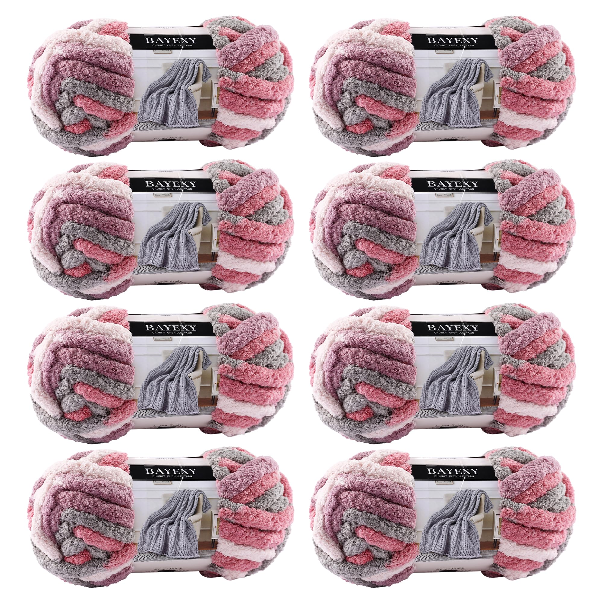 BAYEXY Chunky Chenille Yarn for Hand Knitting 8 Jumbo Pack Jumbo Chunky Yarn for