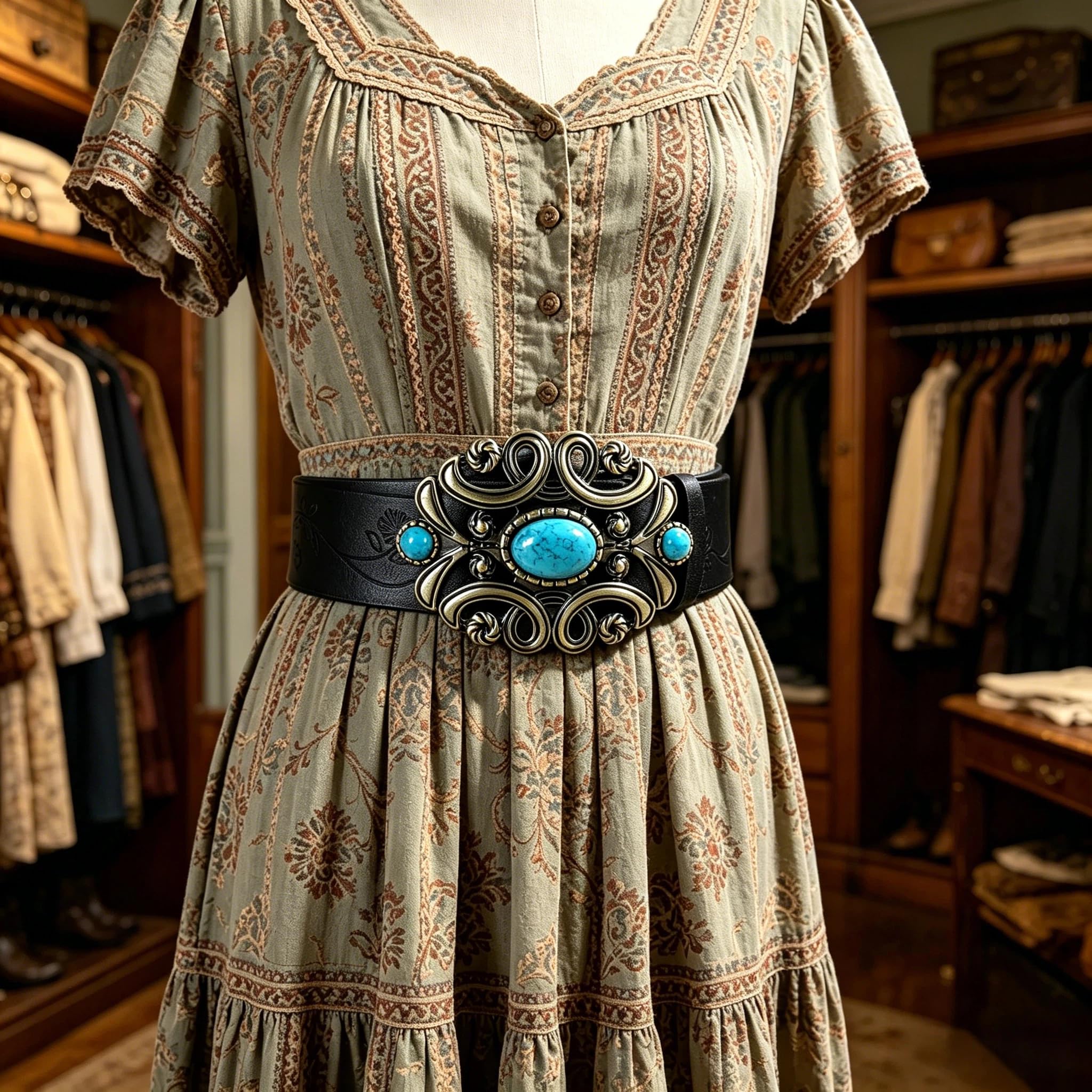 Boho Country Turquoise Embossed Leather Decorative Belt for Jeans Dresses Rodeo 