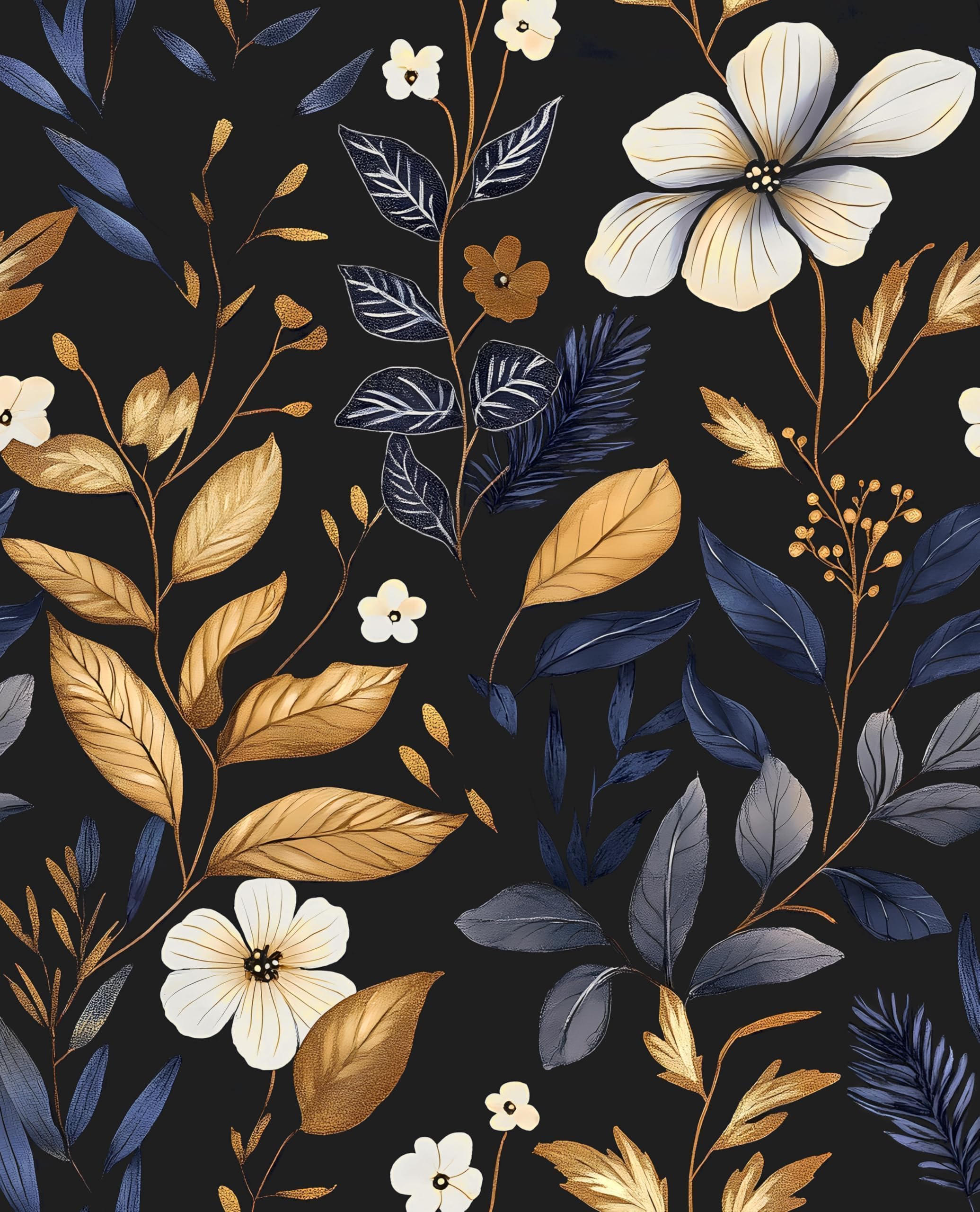 Laatse Vintage Dark Blue Gold Floral Peel and Stick Wallpaper 17.5"x118"