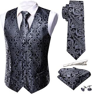 Barry.Wang 5pcs Formal Mens Vest Paisley Jacquard Tie Set Silk Suit Waistcoat Wedding
