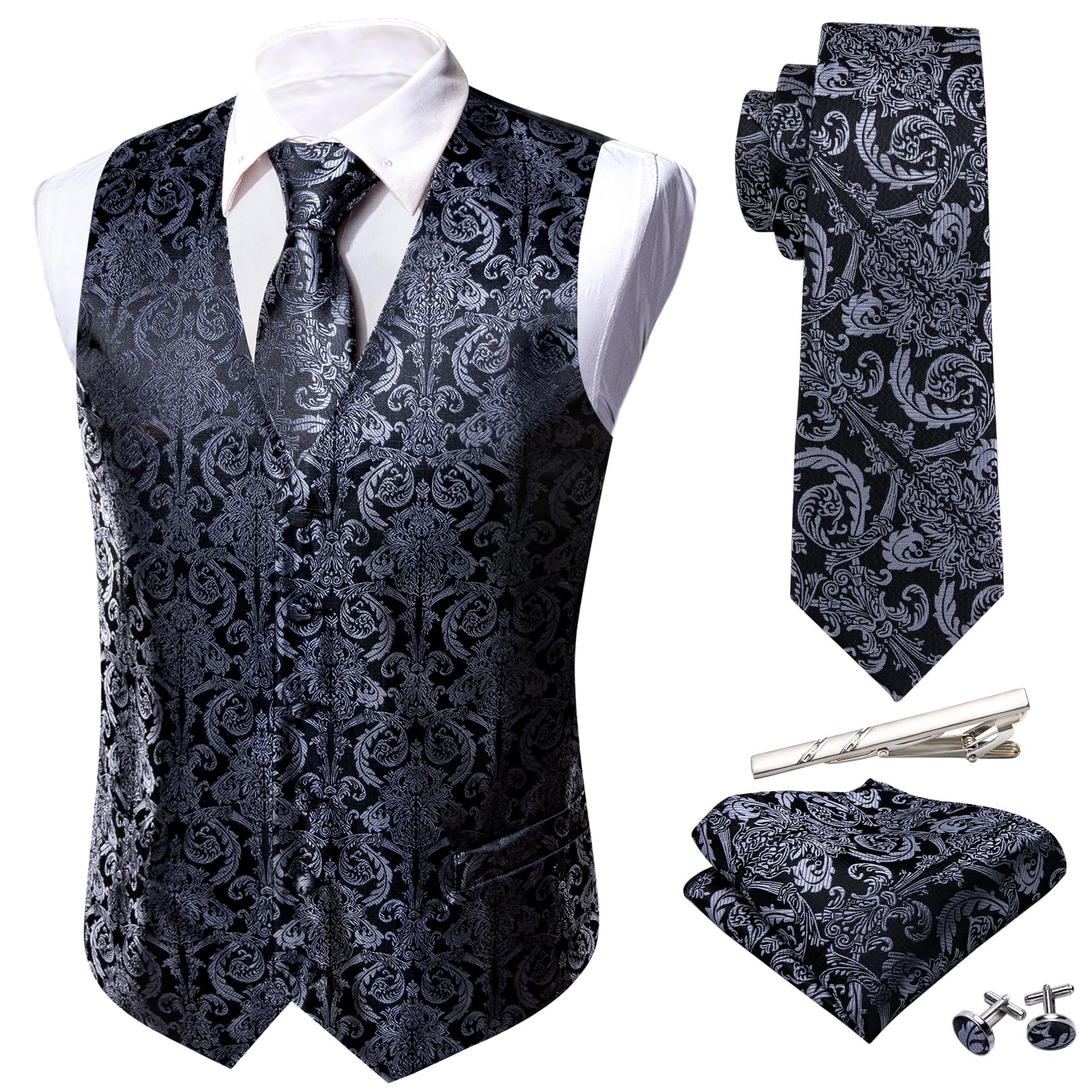Barry.Wang 5pcs Formal Mens Vest Paisley Jacquard Tie Set Silk Suit Waistcoat We
