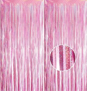 YAAVAAW 2pcs 3.2 x 8.3ft Glitter Pink Tinsel Curtain Foil Fringe Curtain Backdrop Party Streamers Curtain Photo Backdrop Decorations for Birthday School Graduation Hen Girls Party Decorations Pink