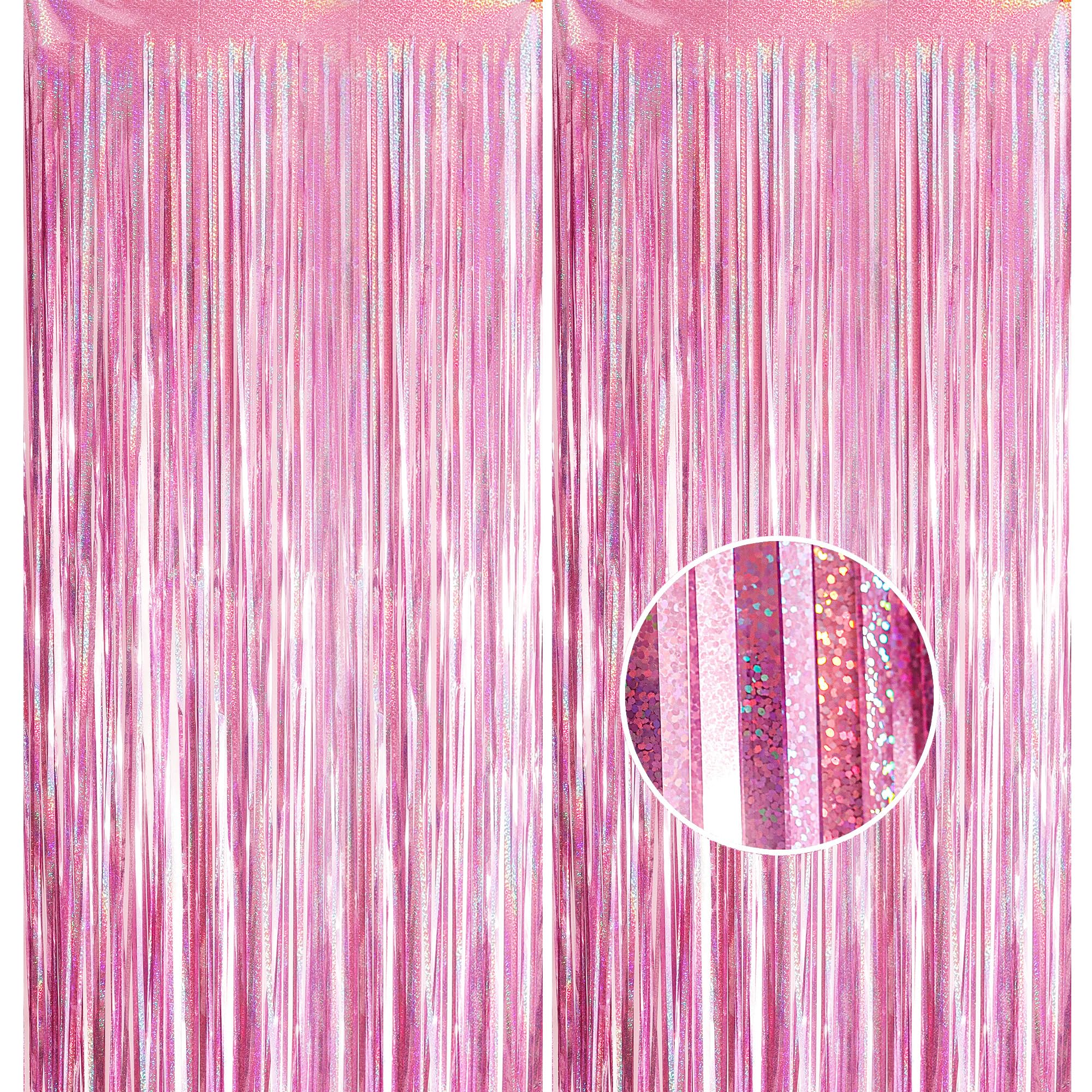 YAAVAAW 2pcs 3.2 x 8.3ft Glitter Pink Tinsel Curtain Foil Fringe Curtain Backdro