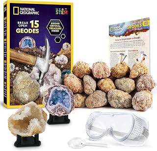 National Geographic Break Open 15 Premium Geodes Science Kit for Kids | 15 Premium Geodes, Safety Goggles, Real Crystals Inside, Break Your Own Geodes, Earth Science Activity, Geology Kit