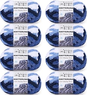 Knyteruna Chunky Yarn for Hand Knitting, #10 Chunky Blanket Chenille Yarn, Large Bulky Thick Jumbo Yarn, Super Chunky Knit Yarn for Crocheting, 8 Skein (8oz,20yds Each Skein), Tie Dye Multi Blue&White