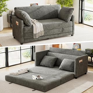65" Loveseat Sleeper Sofa Bed, Chenille Convertible Floor Sofa Bed for Small Spaces, Folding Couch Bed with Deep Seat, 2 Pillows & Solid Frame, Pull Out Floor Couch for Living Room, Grey