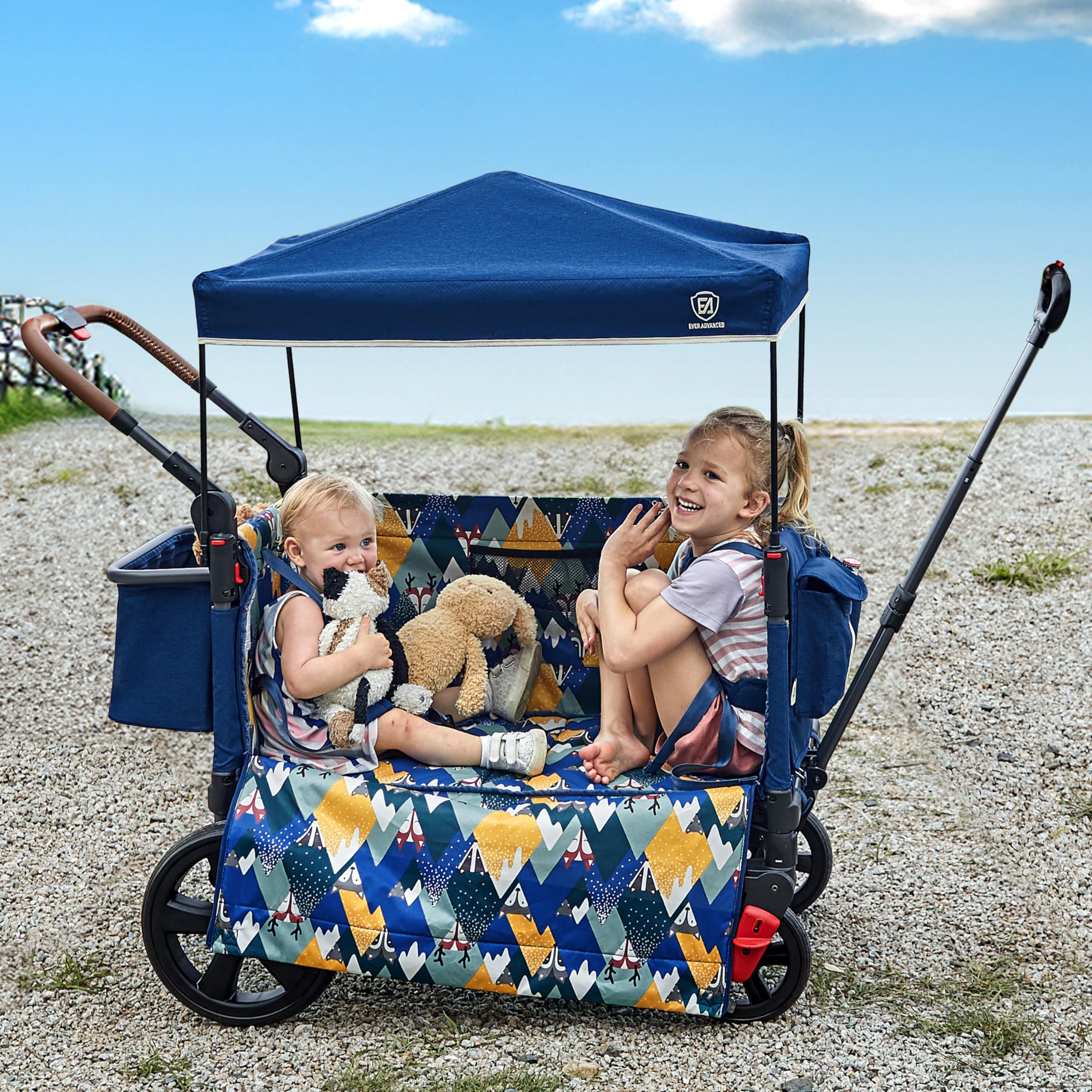 EVER ADVANCED Side-Unzip Wagon Stroller for 2 Kids, Push Pull Stroller with Adju