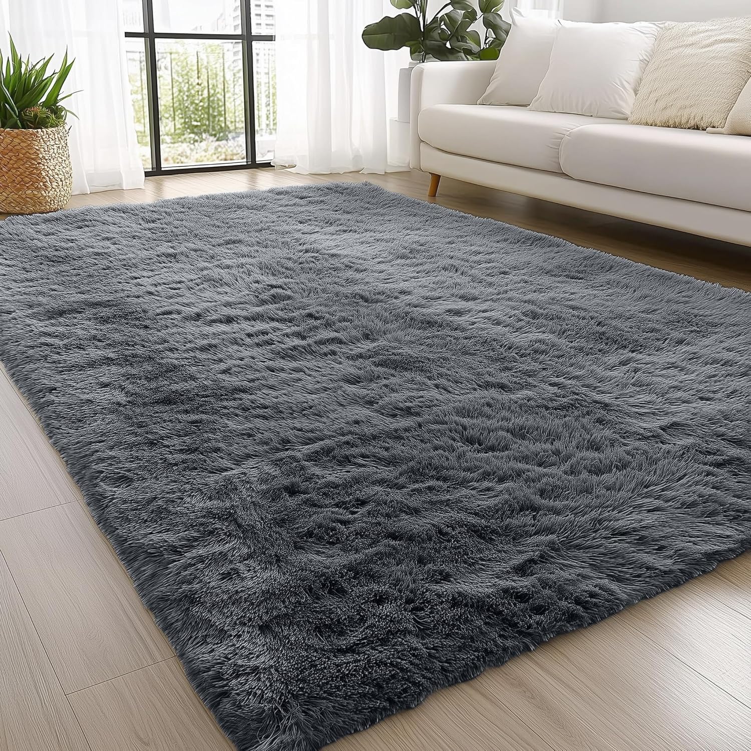OLANLY 4x5.9 Fluffy Soft Area Rugs for Bedrooms Grey Washable Rug | Non Slip, No