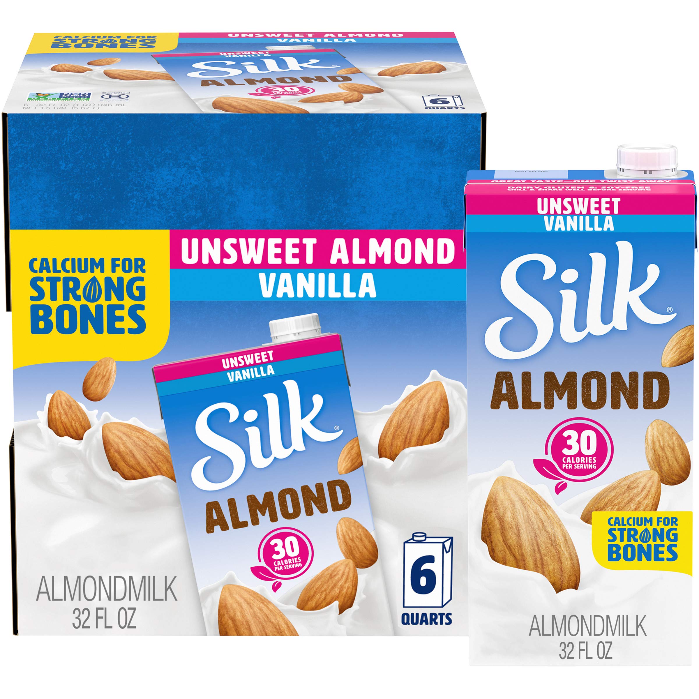 Silk Shelf-Stable Almond Milk, Unsweetened Vanilla, Dairy-Free, Vegan, Non-GMO P