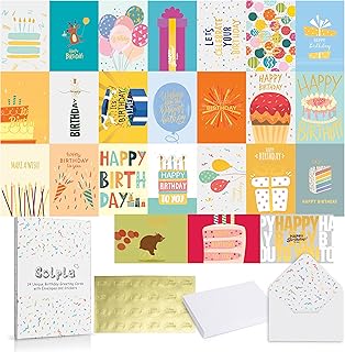 24 Pack Unique Gold Foil Birthday Cards with Envelopes & Stickers | 4x6 Inches Blank Happy Birthday Cards Assortment in Bulk for Family, Kids, Friends, Work & Office Celebrations.
