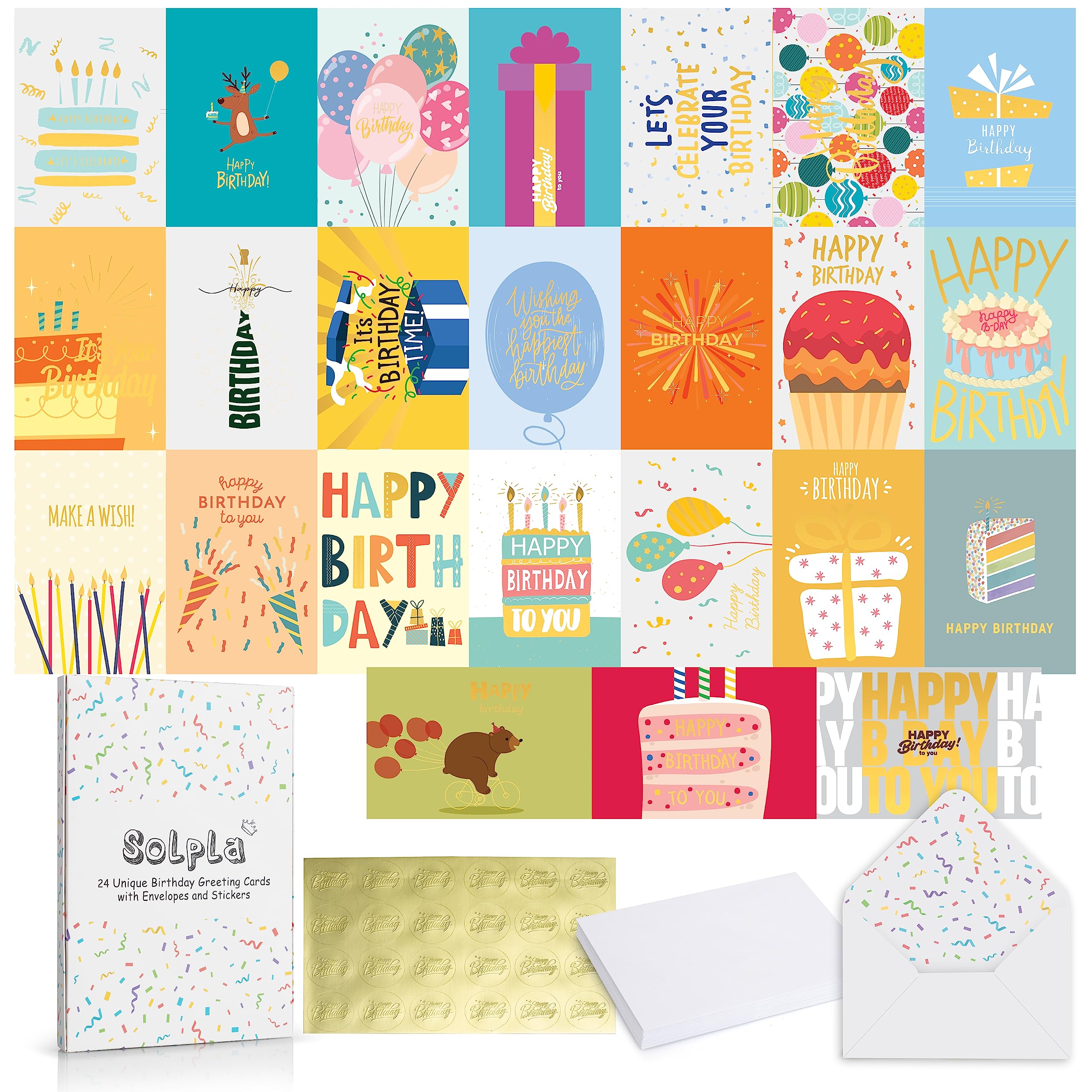 24 Pack Unique Gold Foil Birthday Cards with Envelopes & Stickers | 4x6 Inches B