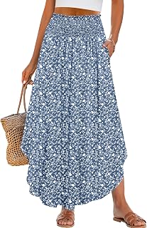 ANRABESS Women's Maxi Skirts Summer Boho Floral High Waisted Flowy Swing Pleated Beach Long Skirt with Pockets