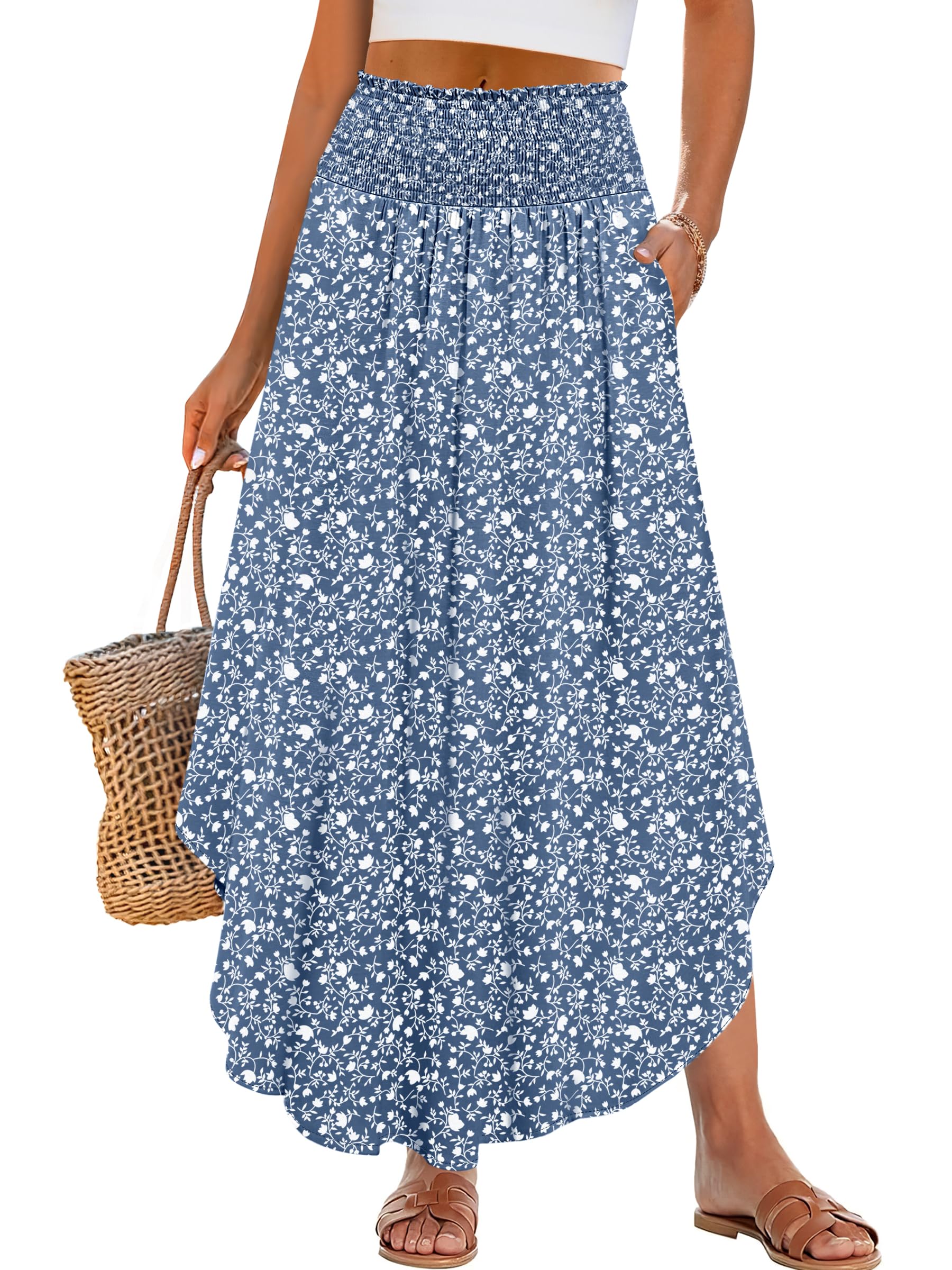 ANRABESS Women's Maxi Skirts Summer Boho Floral High Waisted Flowy Swing Pleated