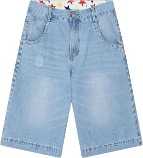 MZNBURAM Men's Baggy Jean Shorts Y2K Streetwear Jorts - Loose Fit Wide Leg Denim Vintage 90s Hip Hop 12oz Cotton