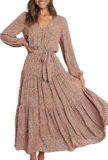 PRETTYGARDEN Abito lungo da donna 2025 a maniche lunghe a sbuffo primaverile girocollo con punto smock a vita impero a strati svasato svasato abito lungo fluido