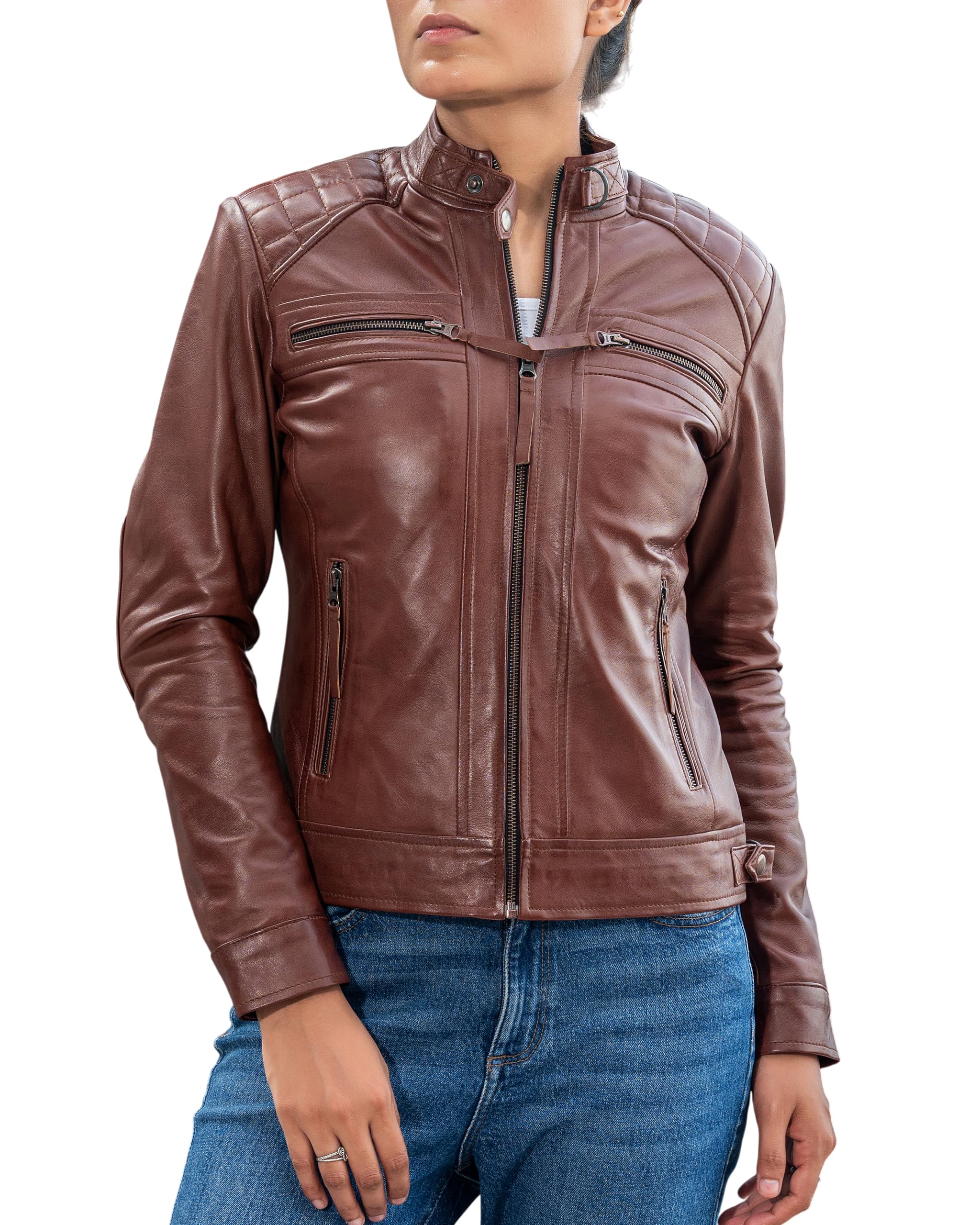 Café Racer Leather Jacket Women Zipper Motorcycle Biker Style Casual Fashion Gen