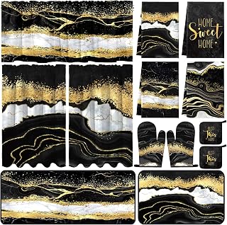 13 Pcs Black Gold Marble Agate Kitchen Accessory Decor Set, Modern Decor | 4 Hand Towels, 2 Anti-slip Rugs, 3 Curtains with Valance, 2 Pot Holders, 2 Oven Mitts, Luxury Home Sweet Home Kitchen Decor