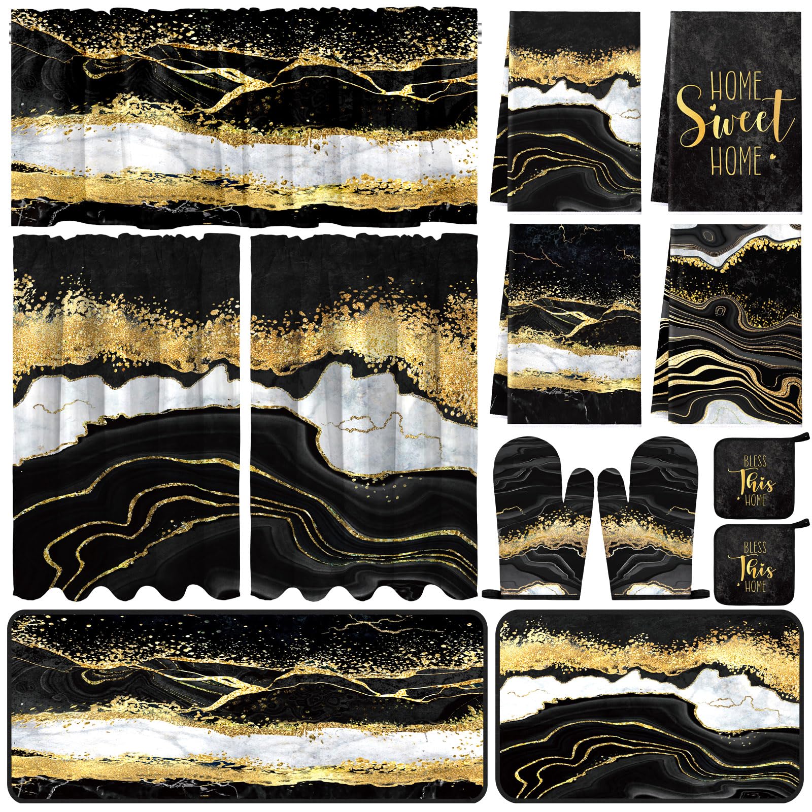 13 Pcs Black Gold Marble Agate Kitchen Accessory Decor Set, Modern Decor | 4 Han