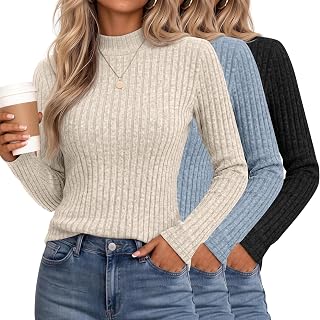 Riyiper 3 Pack Women's Mock Neck Ribbed Knit Casual Sweaters