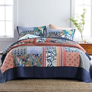 Secgo King Size Comforter Set- 100% Cotton Quilt King Size Set, Navy, Bohemia bedspreads (96 * 108 Inch) with 2 Pillow Shams, Patchwork Reversible Lightweight Bedding