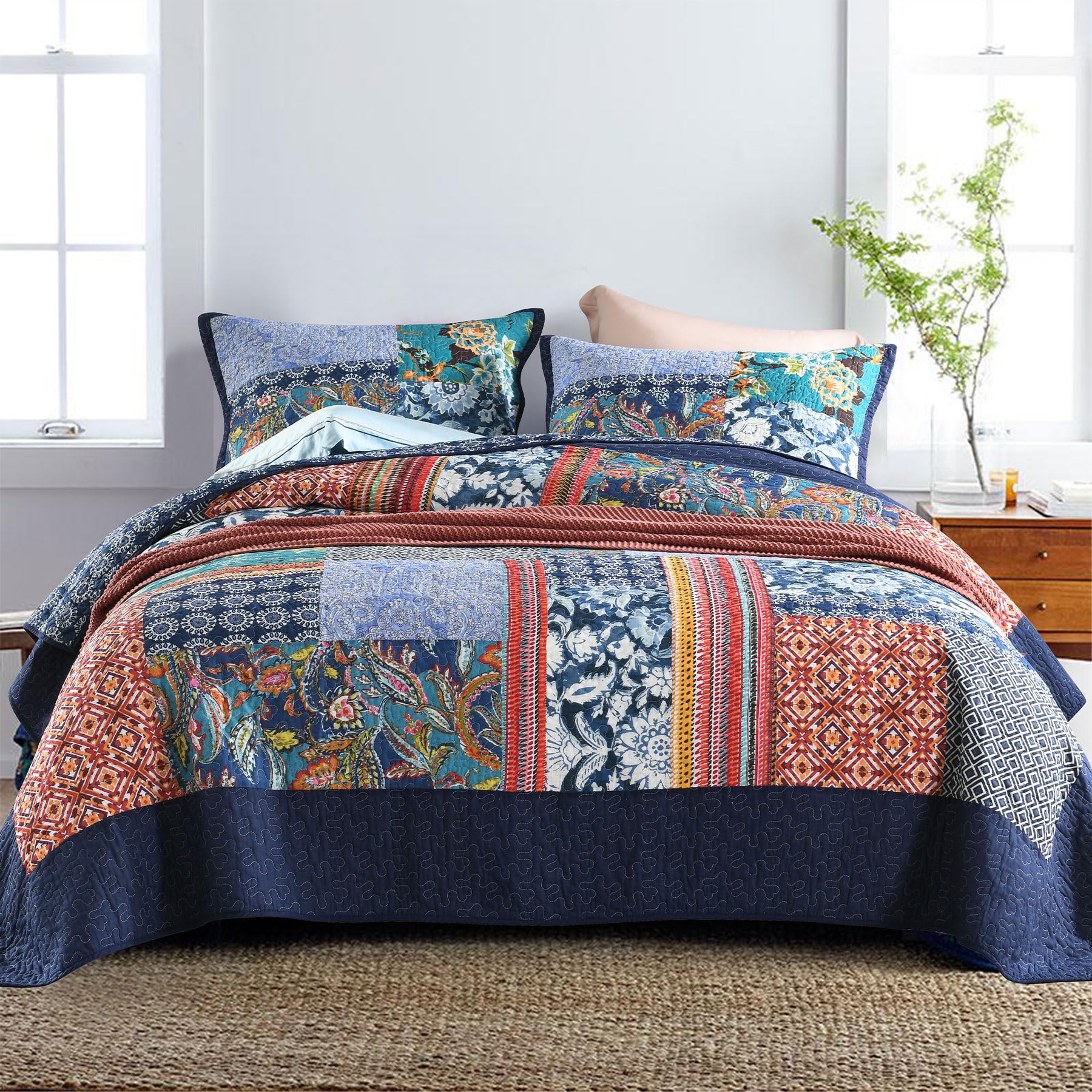 Secgo King Size Comforter Set- 100% Cotton Quilt King Size Set, Navy, Bohemia be