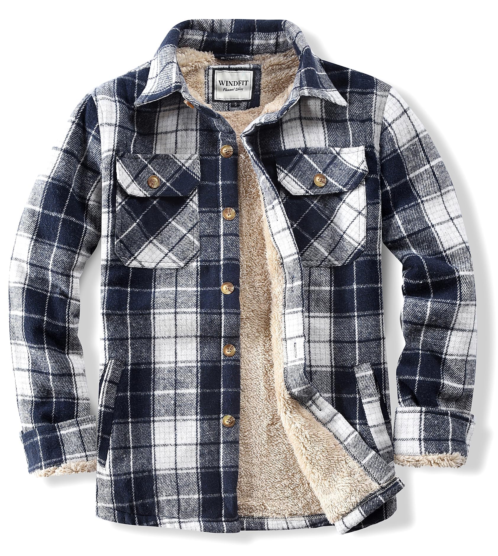 WINDFIT Men's Cotton Sherpa Lined Button Down Flannel Shirt Jacket Plaid Soft Ou