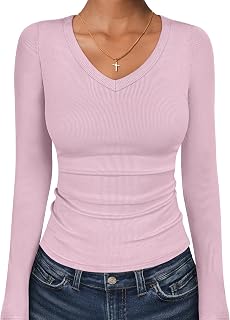 ANRABESS Long Sleeve Shirts for Women V Neck Ribbed Knit Fitted Fall Basic Tshirts Going Out Tops 2026 Casual Trendy Clothes