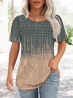Women Short Sleeve T Shirt Casual Dress Blouse Spring Summer Loose Fit Pleated Front Crew Neck