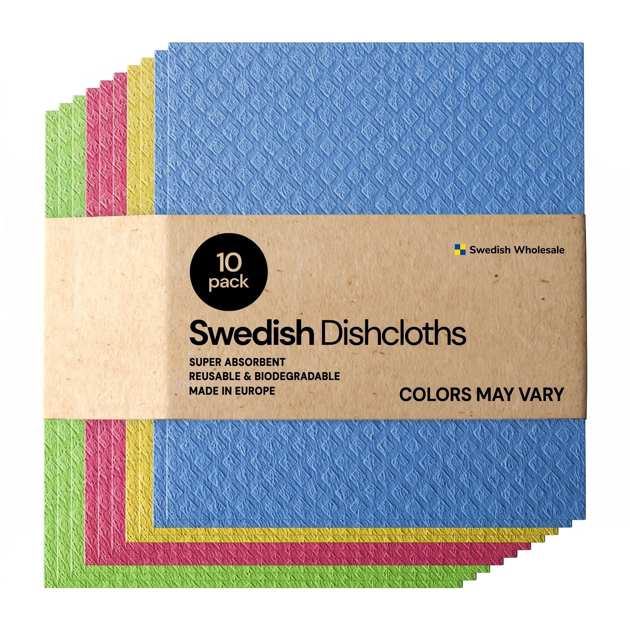 Swedish Wholesale Dishcloths Reusable 8" x 7" Sponge Cloths, Bulk 10 Pack of Hig