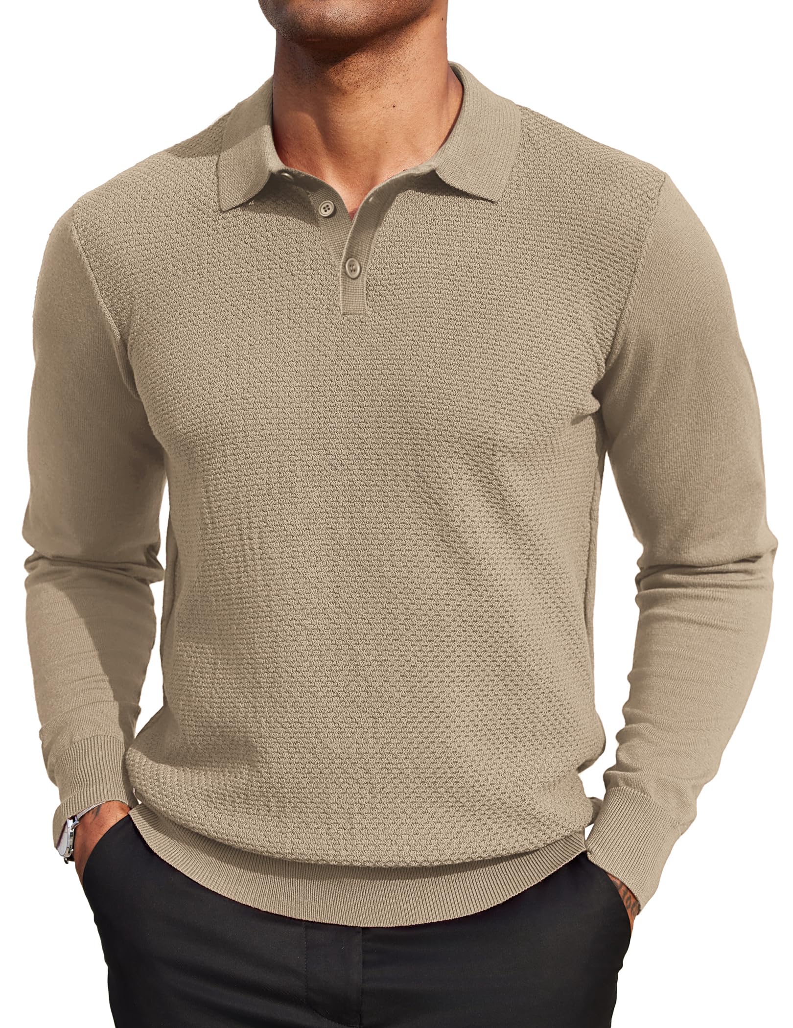 Coofandy Jersey de Manga Larga para Hombre, suéter de Punto Tipo Polo, suéter de