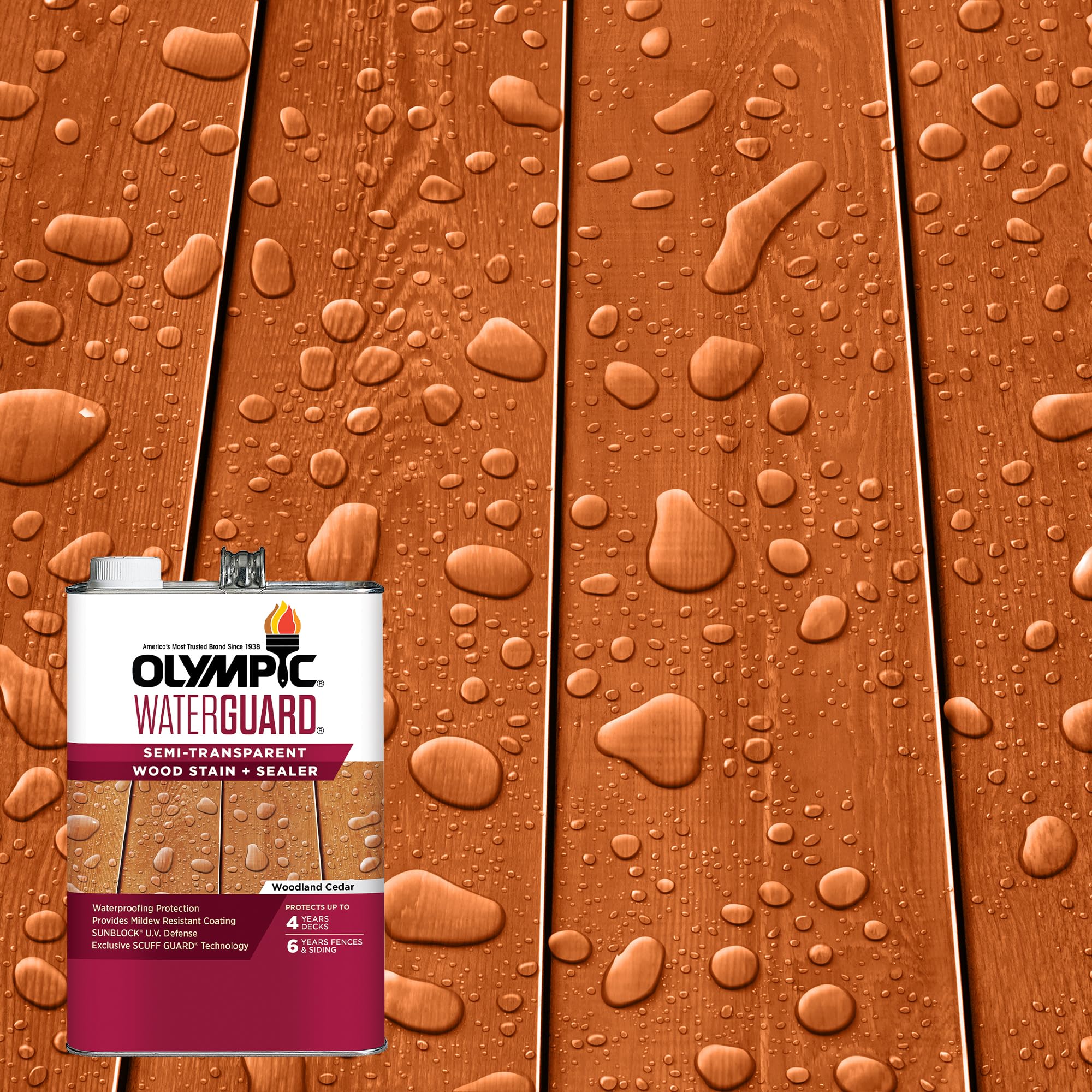 Olympic WaterGuard 1 gal Woodland Cedar Wood Stain & Sealer | Water-Based Deck, 