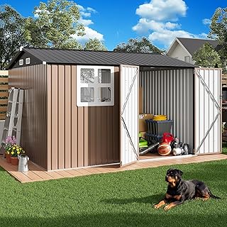 IRONCK 10x8.2FT Outdoor Storage Shed with Clear Window, Tool Shed, Brown | Lockable Doors, Breathable Ventilation, 9.5x8 FT Base, Outdoor Shed For Generators/Bikes/Wheelbarrows
