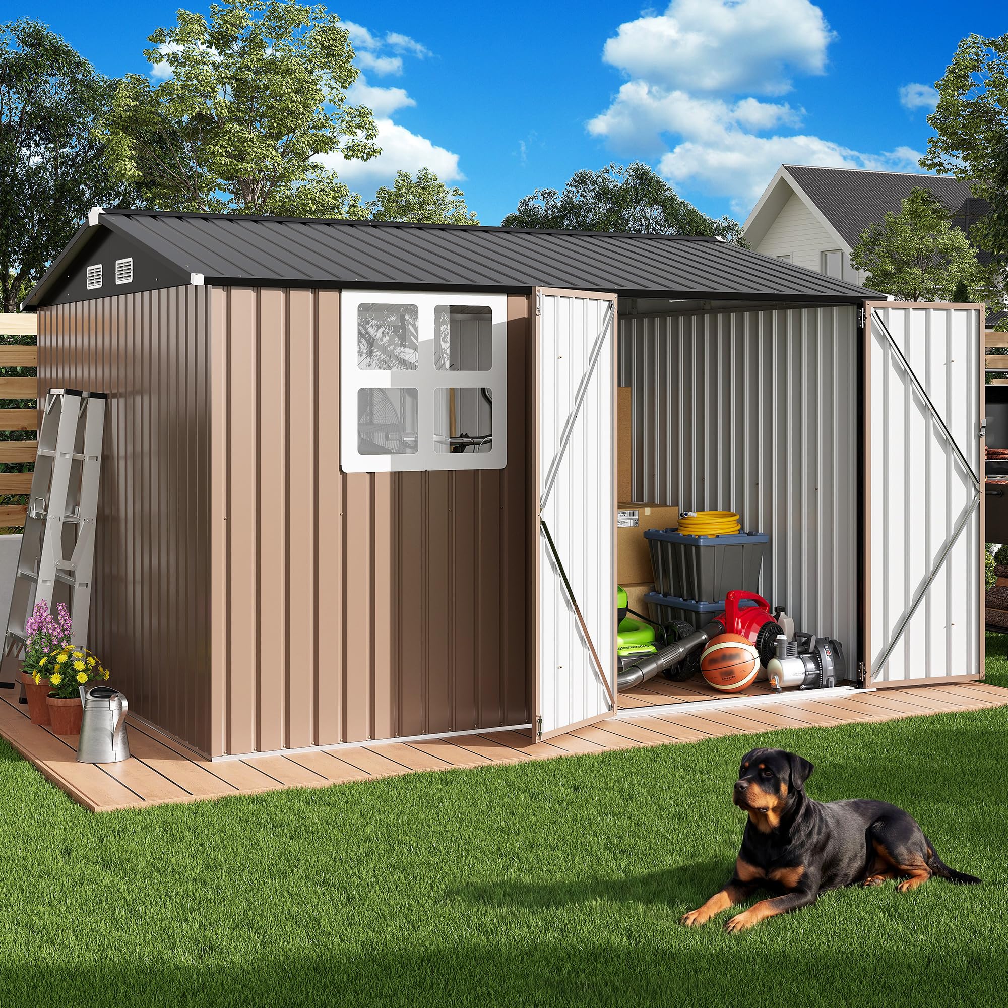 IRONCK 10x8.2FT Outdoor Storage Shed with Clear Window, Tool Shed, Brown | Locka