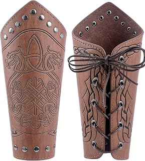CoTeeZa Medieval Viking Leather Bracers Dragon Ship Embossed Arm Guards | Pair Of Faux Leather Bracers With Dragon Ship Embossing. Adjustable Lacing. For Renaissance, LARP, Cosplay And Halloween.